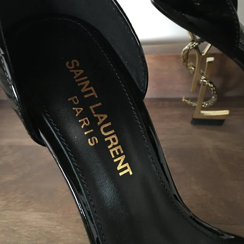 Saint Laurent Opyum YSL Snake Heel Black Patent Pumps 38